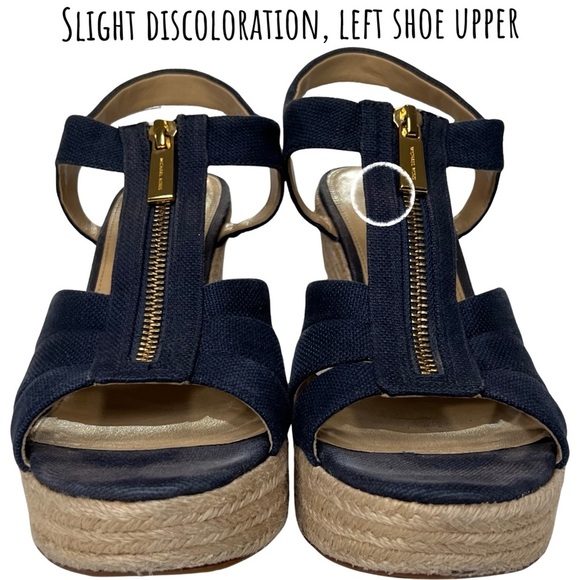 Michael Kors Sandals Berkley Canvas Jute Wedge Zipper Platform Navy Blue Tan 8 M - Picture 9 of 16